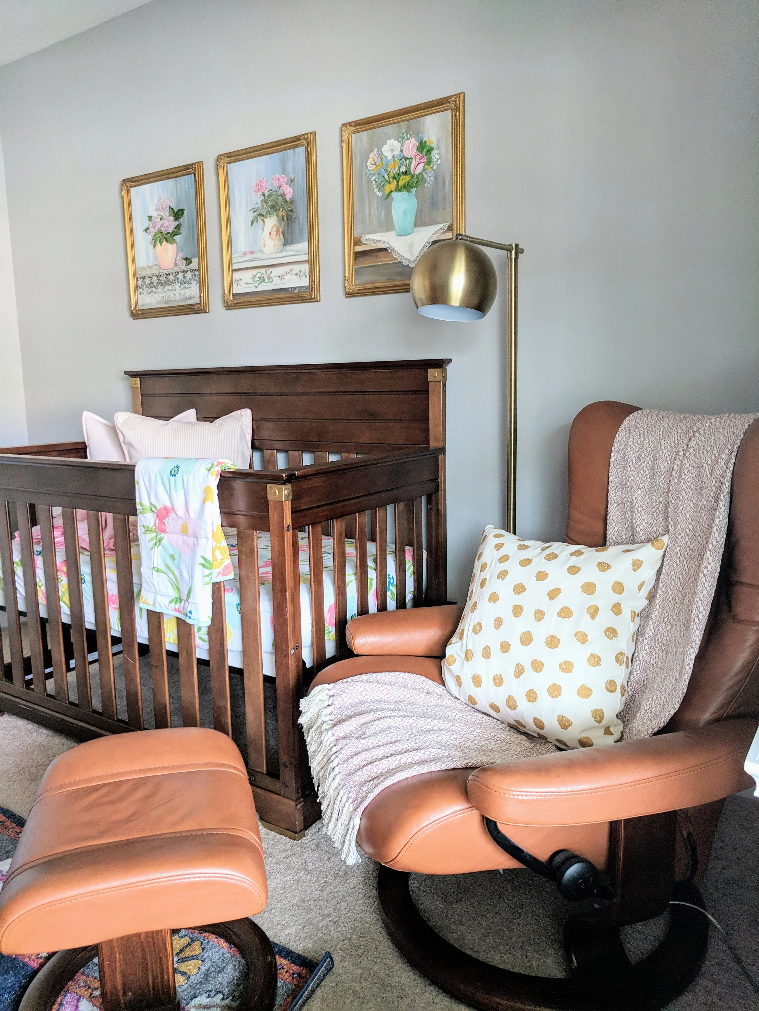 Girl nursery with brown furniture sale